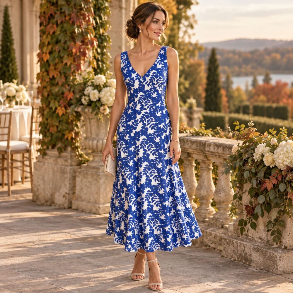 Boden Womens 4 Blue White Floral Fit Flare Midi Dress Autumn Wedding Guest
